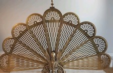 Antique Brass Peacock Fan Fire Screen Folding Guard Griffin Patina 62x96cm 4kg