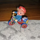 Vintage Boy on Tin Tricycle Wind Up Toy With Bell Korea