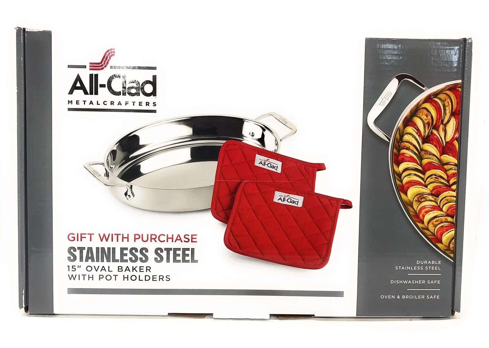 ALL-CLAD Stainless Steel 15" Oval Roaster Baker Pan w/ Pot Holders Oven