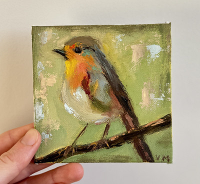 Bird Original Oil Painting Robin Landscape Modern Textured Wall Art 4x4