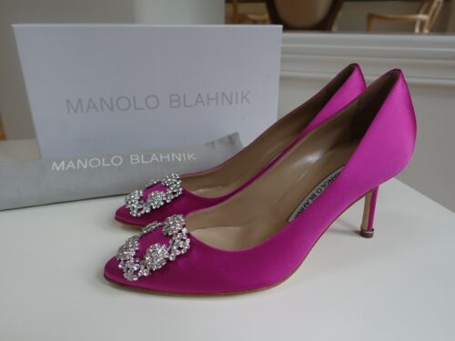 NUEVO EN CAJA $1195 Manolo Blahnik Hangisi 70 Hebilla de Cristal Satinado Rosa Púrpura Talla EU 38 - Imagen 5 de 16