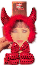 RED DEVIL DRESS UP KIT Sequin Bow Tie Tail Ears Horns Headband Mask Set Adult