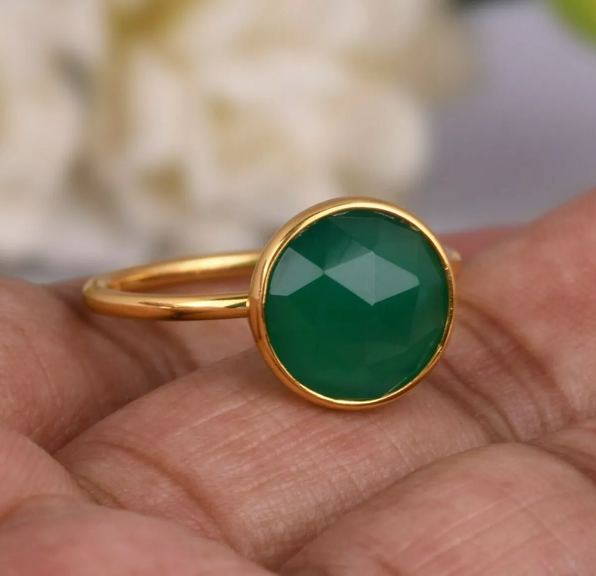 Faceted green onyx gemstone rings 18k gold plated simple round