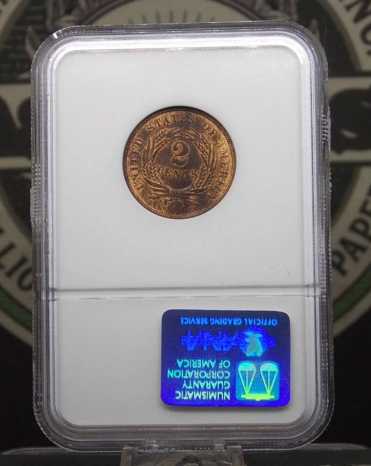 1864 Two 2 Cent Piece *LARGE MOTTO* 2c NGC MS65 RB #005 Red Brown Unc BU ECC&C - Image 4 of 4