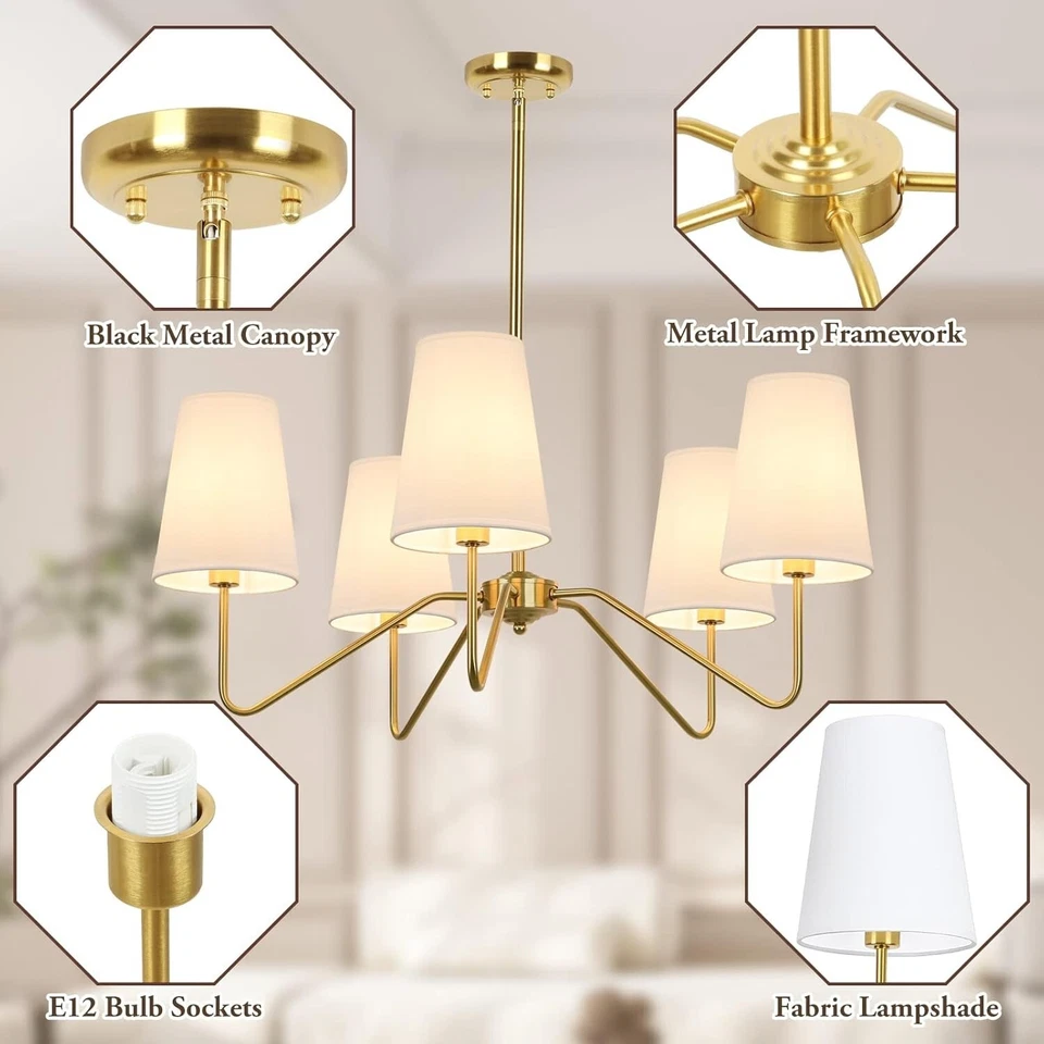 5-Light Modern Chandelier with White Shades, 30” Brass Gold Chandelier for Dinin - Image 3 of 4