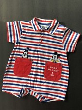 Vtg 90  s Baby Mickey  Co Red/Wht/Blue Stripe S/Sleeve Romper W/Pockets NWOT