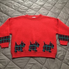 Vintage Sweater Plaid Scottie Dog Print Women s Medium Short Red Terrier