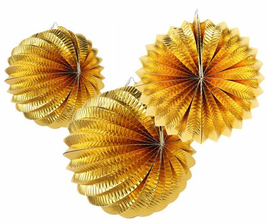 19cm 3Pc Shiny Metallic Gold Accordion Pleated Paper Lanterns Wa Venue