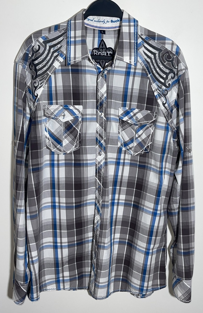 Roar Long Sleeve Blue Plaid Button Down Shirt w/Embroidered Design Size Large Roar Long Sleeve Blue Plaid Button Down Shirt w/Embroidered Design Size Large