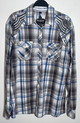 Roar  Long Sleeve Blue Plaid Button Down Shirt w/Embroidered Design Size Large