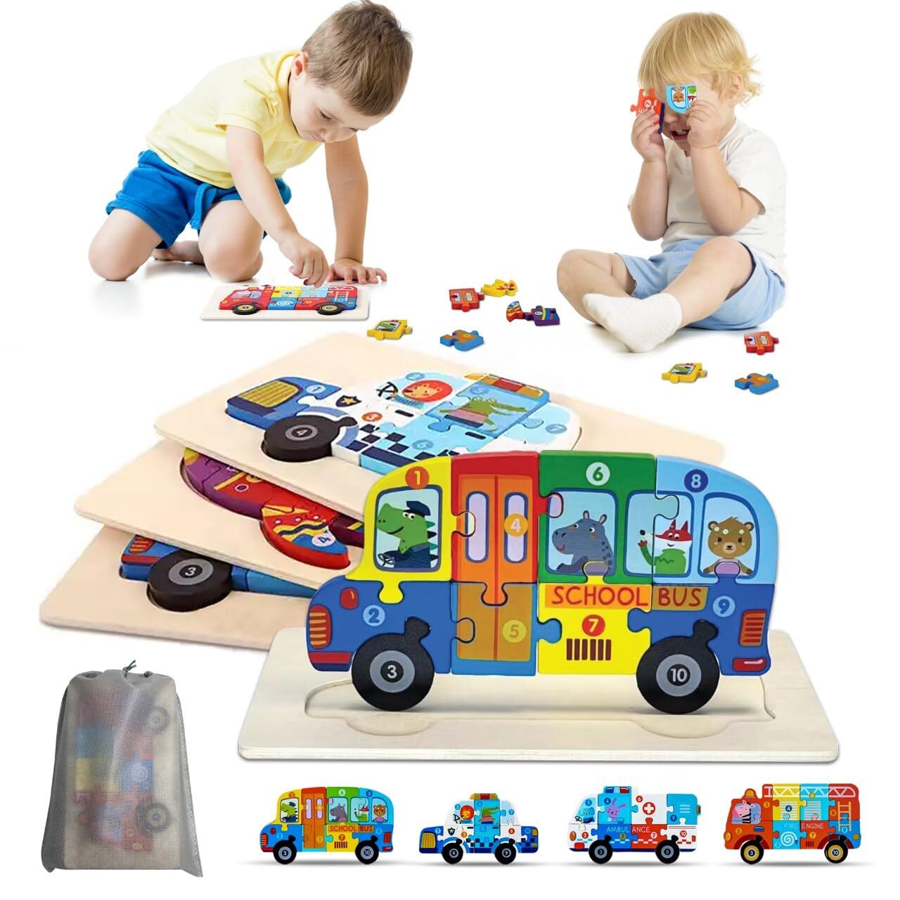 4 Piece Wooden Puzzles Set for Kids - Toddler Montessori Wooden Puzzles Set 4...