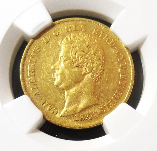 Italy: Sardinia. Carlo Alberto gold 20 Lire 1845 (Anchor)-P AU55 NGC.