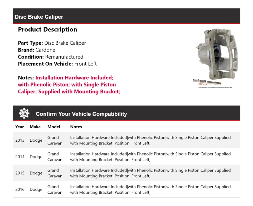 Pinça de freio a disco dianteira esquerda Cardone 2014 Dodge Grand Caravan 2013-2016 - Imagem 2 de 4