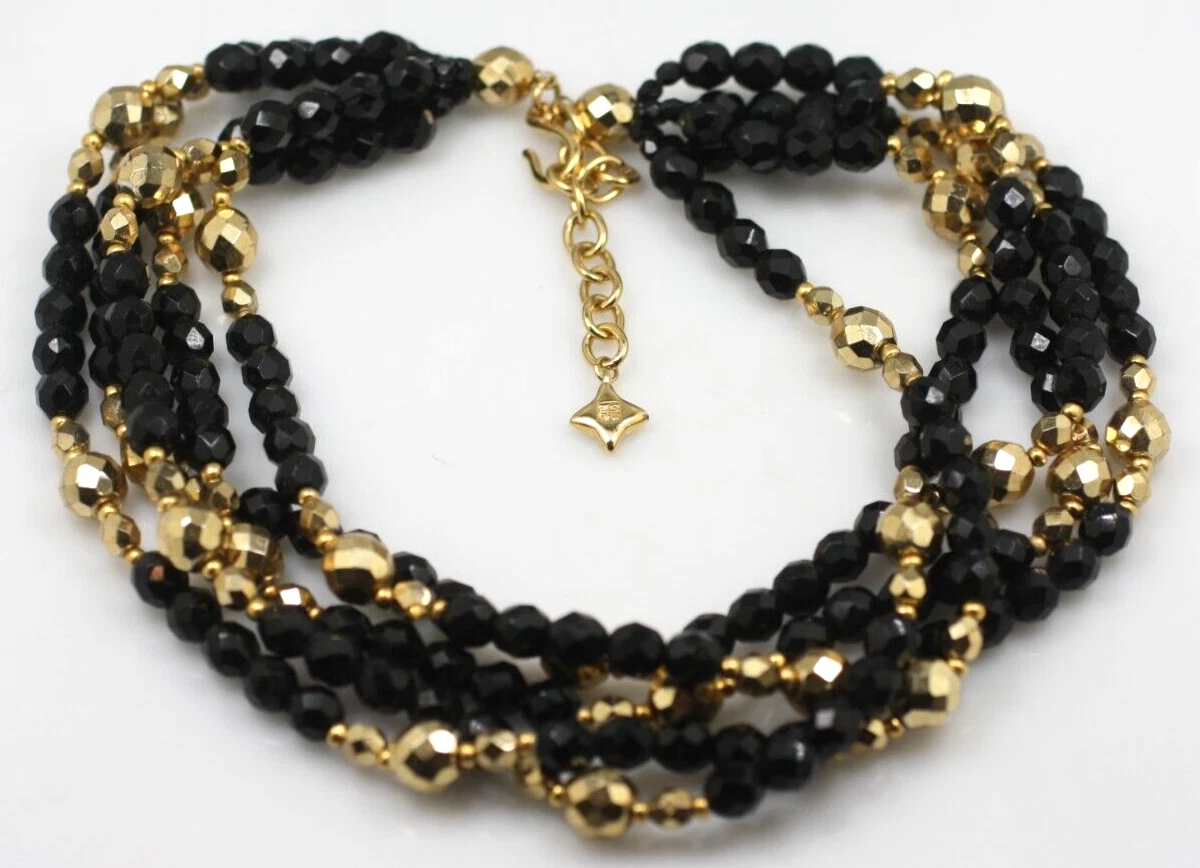 Collana vintage Givenchy 5 fili tono nero e oro perline stratificate bavaglino 17 20"