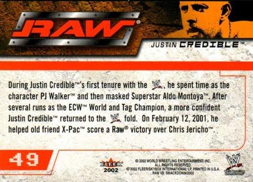 2002 Fleer WWE Raw vs. Smackdown Edition Wrestling Card #49 Justin Credible - Picture 2 of 2