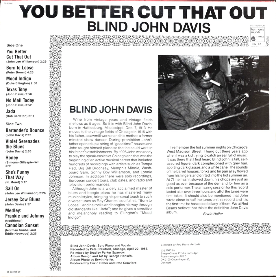 Blind John Davis-You Better Cut That Out Vinyl LP 1985 SteepleChase – SCB-9008 - Image 3 of 3