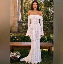 NWT Ivory Lace Mermaid Maxi Bridal Dress Sz L Train Boho Romantic Wedding