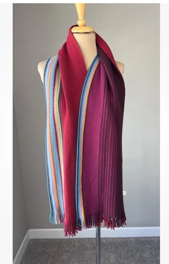 Paul Smith Red Burgundy Serape Rainbow Edge Wool Scarf - Image 2 of 4