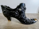 Vintage Fenton Black Victorian Shoe Signed Hand Painted Florals