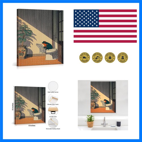 Funny Frog Bathroom Canvas Wall Art Japanese Frog on Toilet Reading Newspaper...