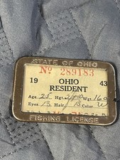 Ohio Fishing License Metal Badge 1943 # 289183 nmt/mt Nice Collectable