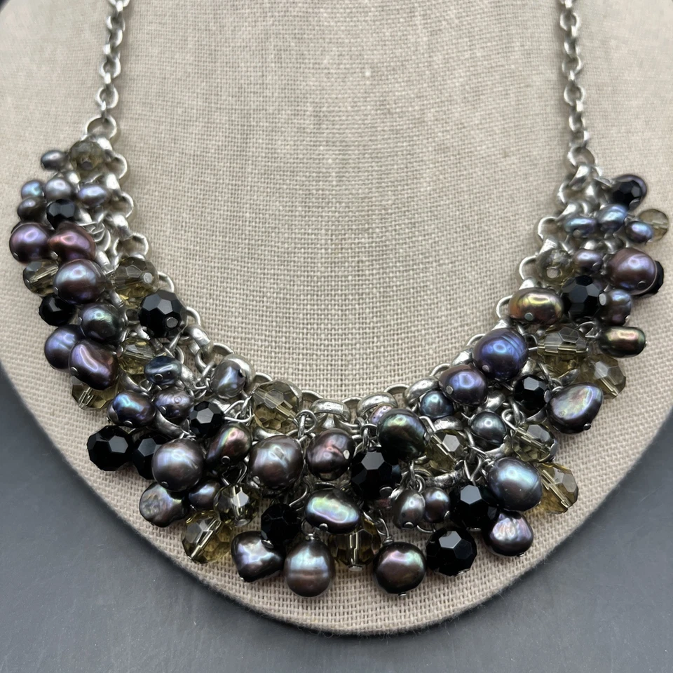 J Jill Pearl Cluster Bib Statement Necklace Blue Gray Freshwater Silver Tone - Imagem 3 de 4
