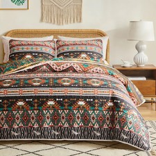 3 Pieces Colorful Boho Quilt Set California King Size, Brown Bohemian Striped...