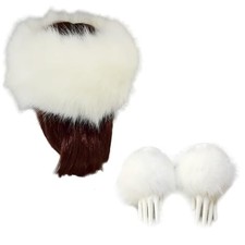 Women's Faux Fur Headband Wrist Cuffs Set, Fluffy Fashion Cossack Large White