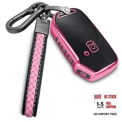 Kia Key Fob Cover With Metal/Leather Keychain, TPU 5 Buttons Case, Pink