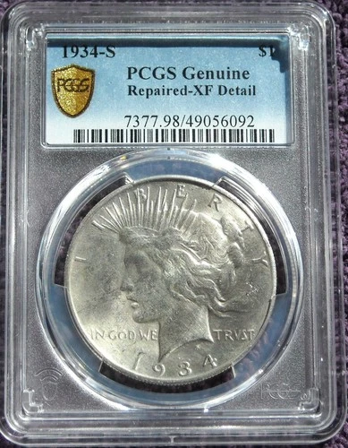 1934 S SILVER PEACE DOLLAR PCGS GOLD LABEL XF DETAILS REPAIRED
