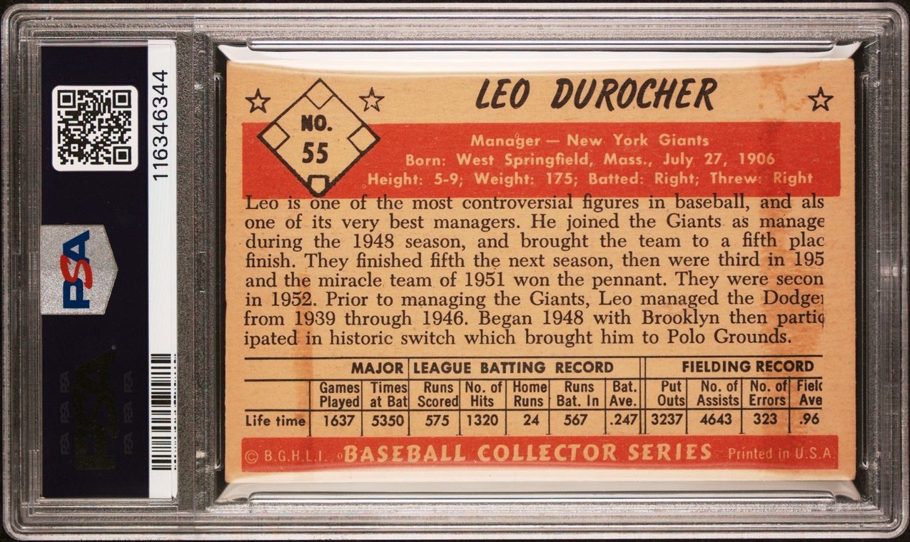 1953 Bowman Color #55 Leo Durocher HOF Autograph Auto PSA DNA 9 Giants view 2
