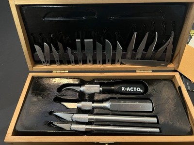 Vtg X-ACTO Deluxe Knife Set No 5021 Precision Blades Handles w Papers Wood Box 
