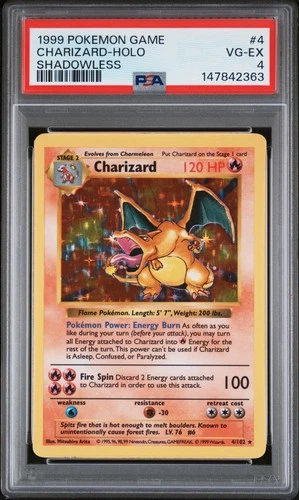 1999 POKEMON BASE SET SHADOWLESS #4 CHARIZARD-HOLO PSA 4