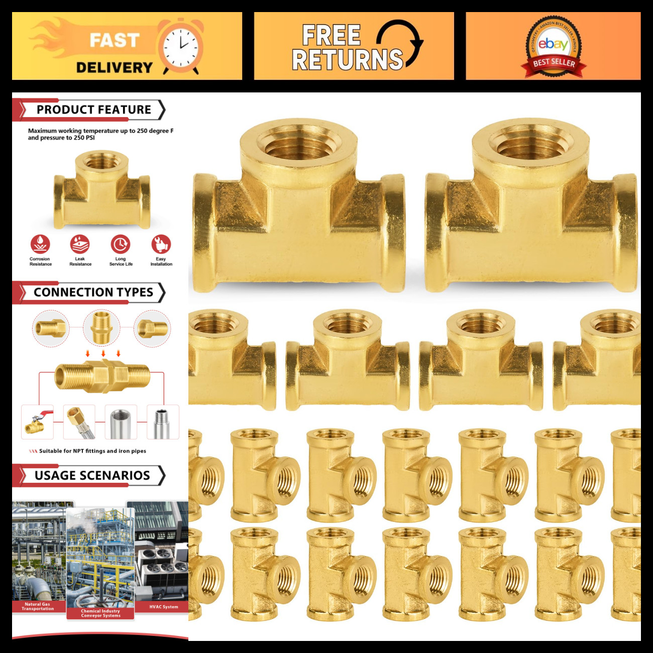 1/4" Female NPT Tee Brass Pipe Fitting - Durable Plumbing Connector, 20 Pack