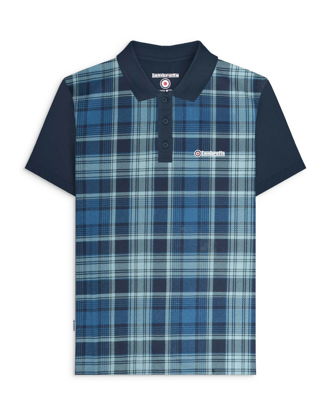Lambretta Mens Navy Check Print Smart Classic Retro Polo Shirt