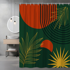 Boho Tropical Shower Curtain with Green and Red Leaf Design