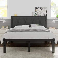 Queen Size Metal Bed Frame, Platform Bed with Upholstered Button Tufted Headboar