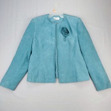 Dressbarn Blazer Womens L Turquoise Faux Suede Rosette Open Front Jacket D9812