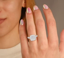 1 Ctw Princess and Round Lab Grown Diamond Double Halo Engagement Ring 14K Gold