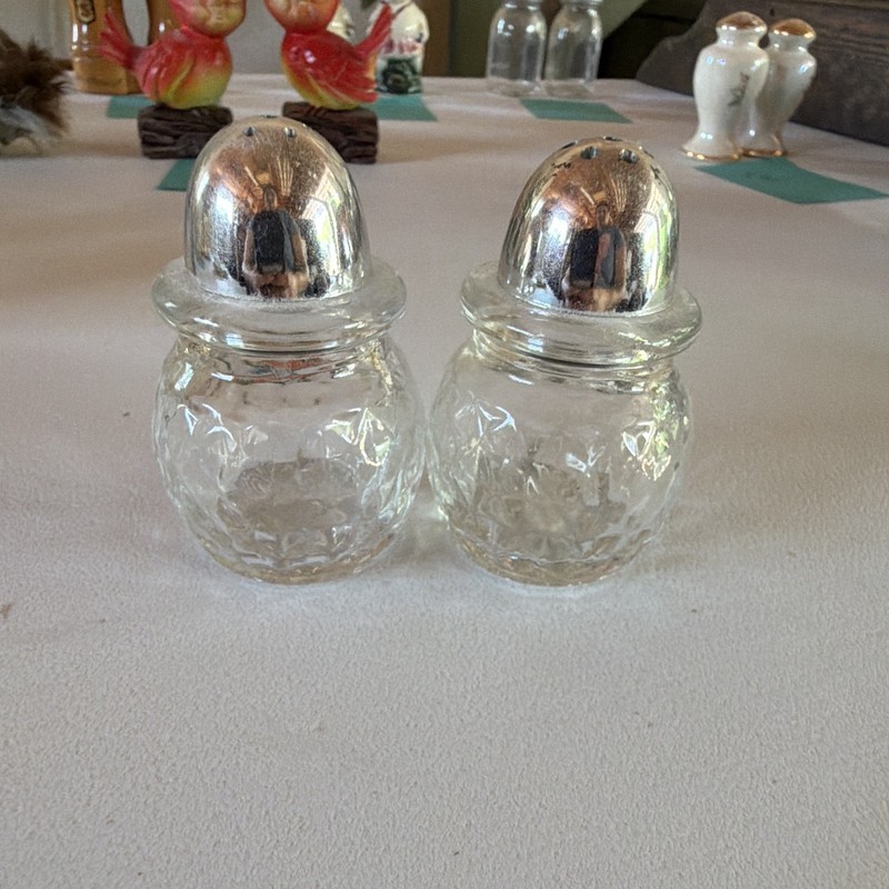 Vintage Cut Glass Salt & Pepper Shakers Set, Clear Glass, Silver Metal Lids
