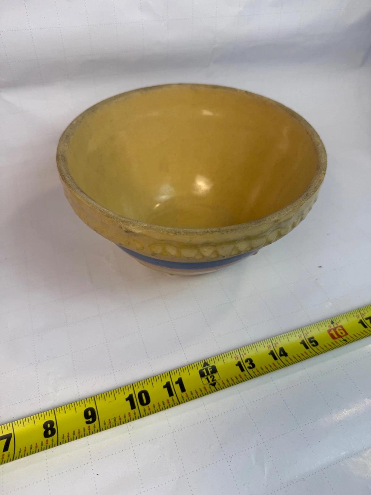 Vtg POTTERY MIXING BOWL PINK BLUE STRIPE USA PRIMITIVE 1930’s Era