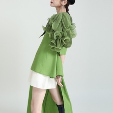 New Womens Casual Long Shirt Irregular Long Bubble Sleeve High Waist Shirt Skirt