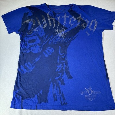White Tag Shirt Mens Medium Blue Y2K Grunge Cyber Goth Affliction Emo Skater MMA