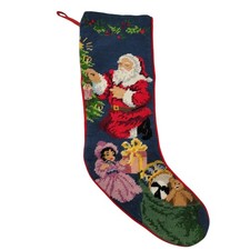 Vintage Christmas Stocking Needlepoint Santa Tree Wool Lined Red Velvet Handmade