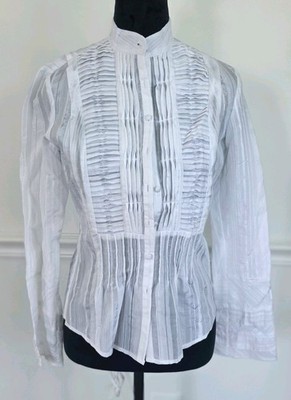 August Silk Women's Size 4 White Sheer Pintuck Pleated Button Front Blouse NWT