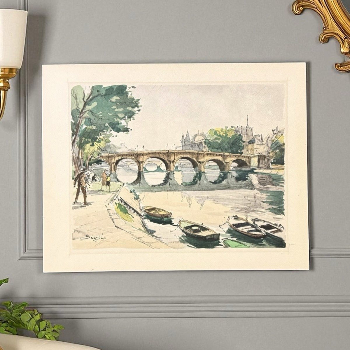 Vintage Mid Century Watercolor Painting Pont Neuf Paris 1960s