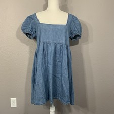 Asos Women’s Blue Denim Babydoll Puffed Sleeve Tie Back Mini Dress Size 12