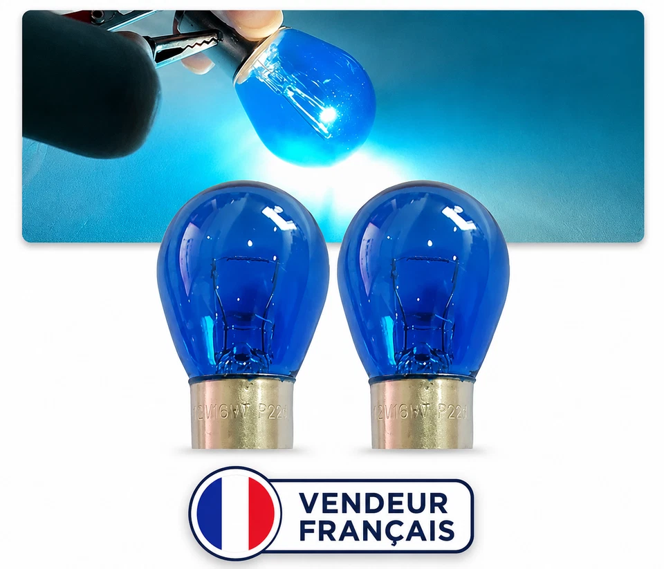 2x ampoules BA15S P21W remplacement bleu veilleuses phares voitures motos 12V - Photo 1/2