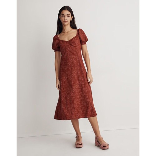 Madewell Sweetheart Puff-Sleeve Midi Dress in Carmine Floral