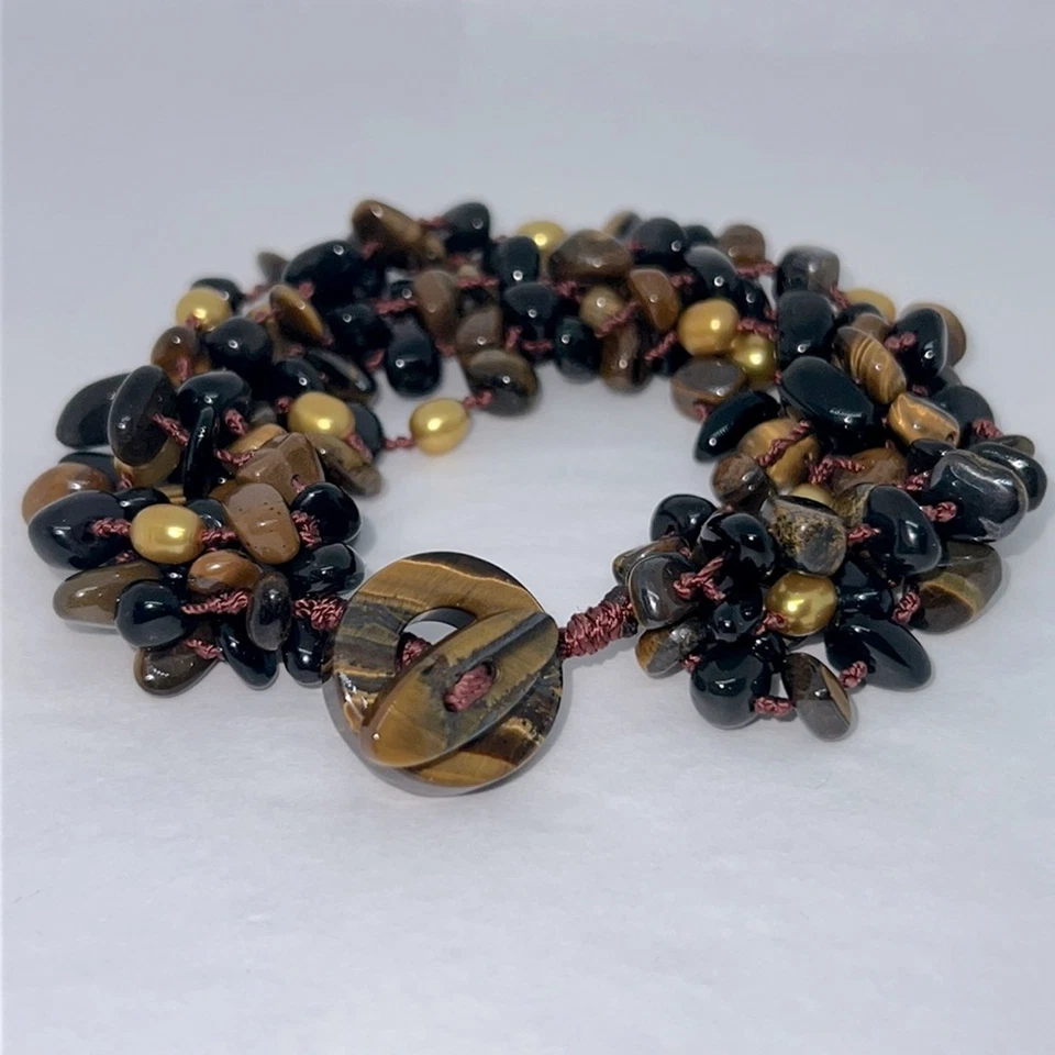 Beaded Tiger Eye Onyx Pearl Toggle Bracelet 8” - Image 2 of 4